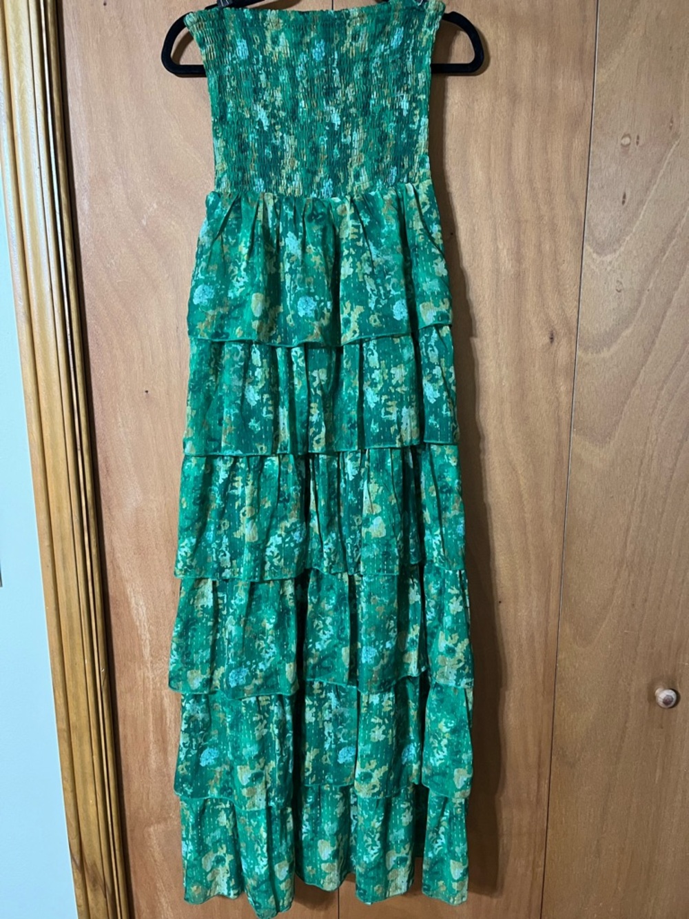 NWOT Emerald Green Tiered Smocked Maxi Dress with Floral Print